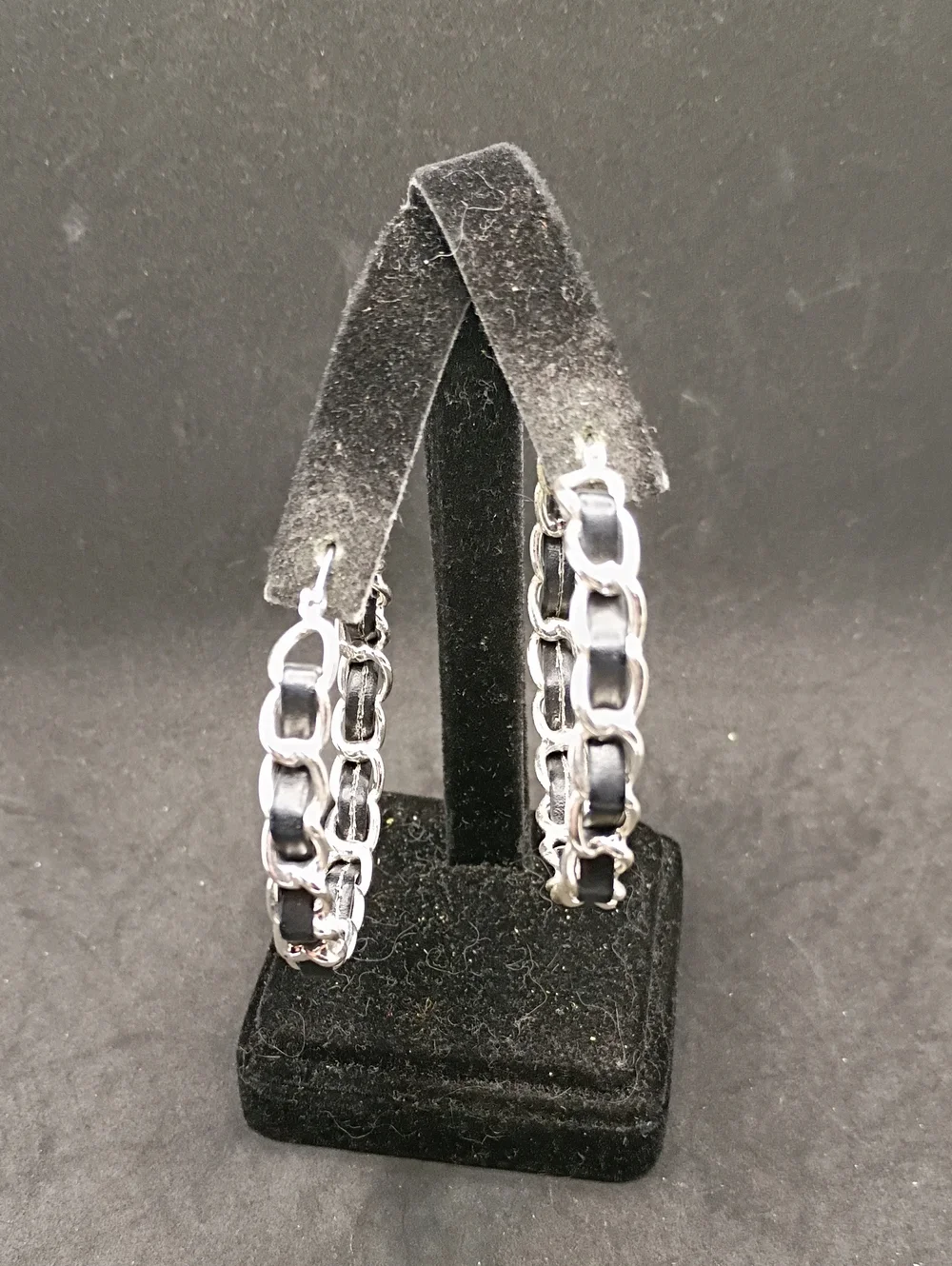 Silver Chain Hoop Earrings with Black Inlay